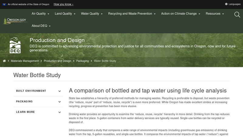 Department of Environmental Quality : Water Bottle Study factory